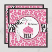 野生のチータのプリント及びカップケーキのピンクの誕生日 招待状 (正面/裏面)