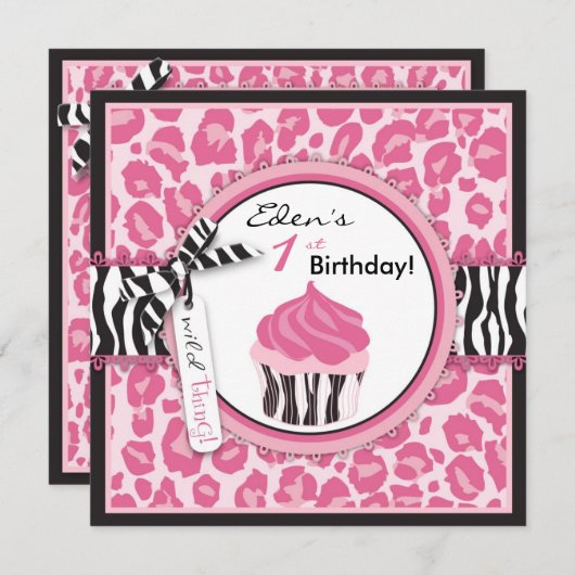 野生のチータのプリント及びカップケーキのピンクの誕生日 招待状 (正面/裏面)