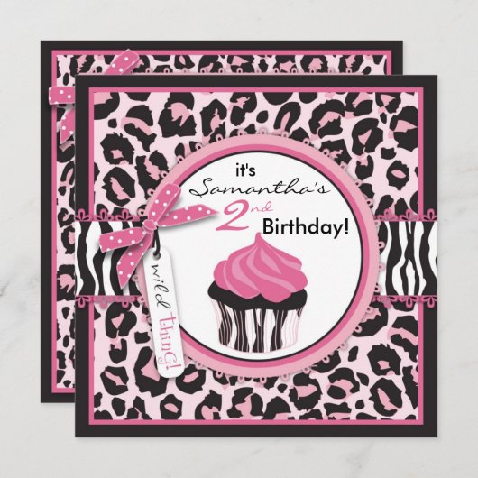 野生のチータのプリント及びカップケーキの誕生日 招待状 (正面/裏面)