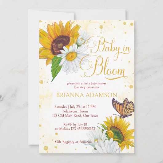 野生のデイジーひまわりベビーで開花の赤ちゃんシャワー 招待状 (正面)