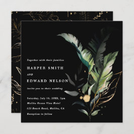 野生のトロピカルな葉の黒結婚の広場 招待状