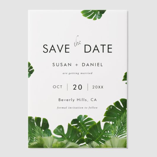 野生のトロピカルパ離れームの結婚式の日付を保存 ベラム紙招待状 (正面)