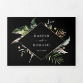 野生のトロピカル結婚な葉が黒い 三つ折り招待状 (カバー)