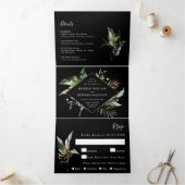 野生のトロピカル結婚な葉が黒い 三つ折り招待状 (内部)