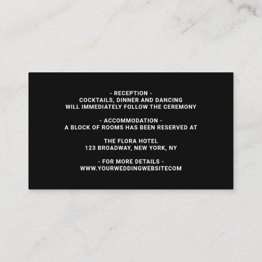 野生のトロピカル結婚な葉の黒い詳細が囲む エンクロージャーカード (裏面)