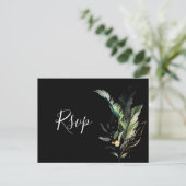 野生のトロピカル結婚な葉の黒いRSVPの招待 インビテーションポストカード (スタンド正面)