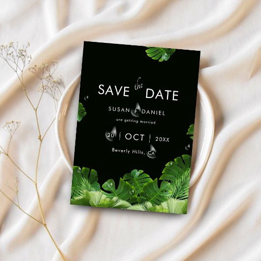 野生のトロピカル葉パームのモダン写真と結婚写真 セーブザデート