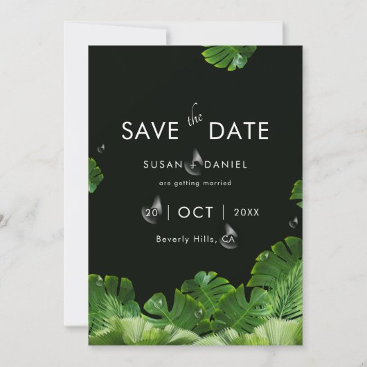 野生のトロピカル葉パームのモダン写真と結婚写真 セーブザデート (正面)