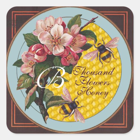 野生のハチミツバツのモノグラムを持つバラ スクエアシール (正面)