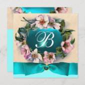野生のバラとアクアブルー，ティール（緑がかった色）リボン，モノグラム 招待状 (正面/裏面)