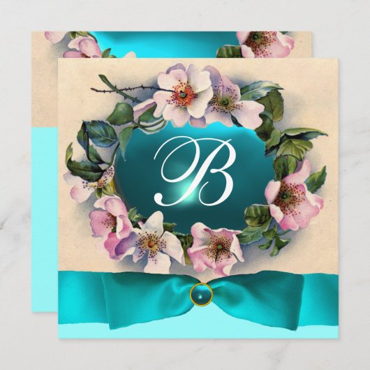 野生のバラとアクアブルー，ティール（緑がかった色）リボン，モノグラム 招待状 (正面/裏面)