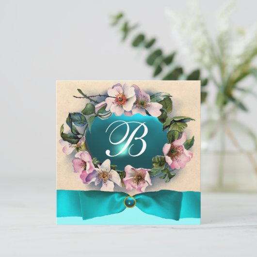野生のバラとアクアブルー,ティール(緑がかった色)リボン,モノグラム 招待状 (スタンド正面)