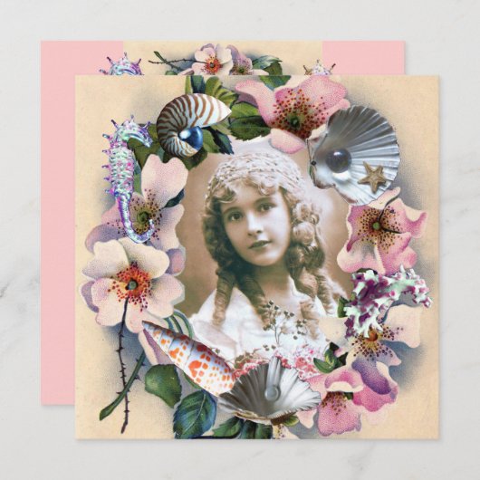 野生のバラとシーシェルスウィート16写真テンプレート 招待状 (正面/裏面)