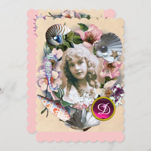 野生のバラとシーシェルスウィート16写真テンプレート 招待状 (正面/裏面)