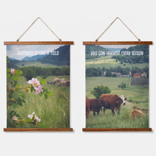 野生のバラと牛の田舎の風景 吊り下げ型タペストリー (ダブル)