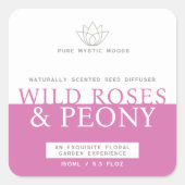 野生のバラと牡丹ピンクのリードのディフューザーラベル スクエアシール (正面)
