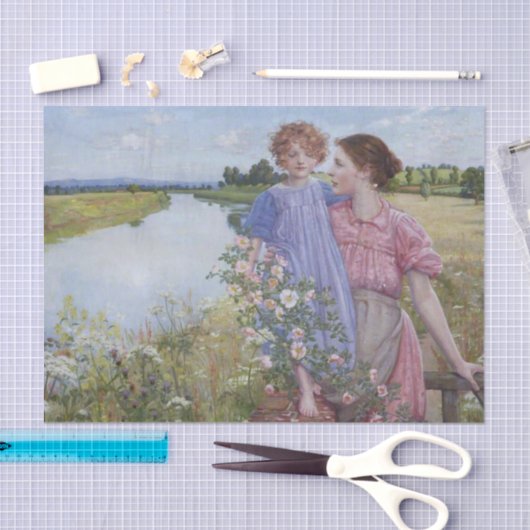 野生のバラを持つ川の母と子 薄葉紙 (クラフト)