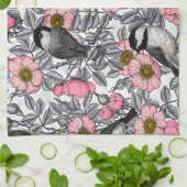 野生のバラ、ピンクとグレーの《鳥》アメリカゴガラ キッチンタオル (折り畳み)