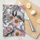 野生のバラ、ピンクとグレーの《鳥》アメリカゴガラ キッチンタオル (四つ折り)