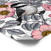 野生のバラ、ピンクとグレーの《鳥》アメリカゴガラ ポスター (角)