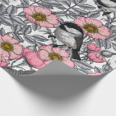 野生のバラ、ピンクとグレーの《鳥》アメリカゴガラ ラッピングペーパー (角)