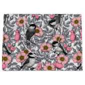 野生のバラ、ピンクとグレーの《鳥》アメリカゴガラ ラージペーパーバッグ (正面)