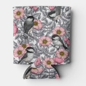 野生のバラ、ピンクとグレーの《鳥》アメリカゴガラ 缶クーラー (正面)