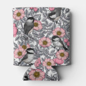 野生のバラ、ピンクとグレーの《鳥》アメリカゴガラ 缶クーラー (裏面)