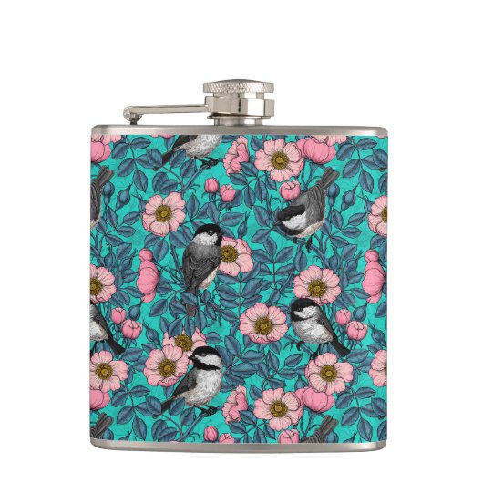 野生のバラ、ピンクと青の《鳥》アメリカゴガラ フラスク (正面)