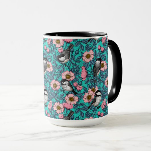野生のバラ、ピンクと青の《鳥》アメリカゴガラ マグカップ (正面右)
