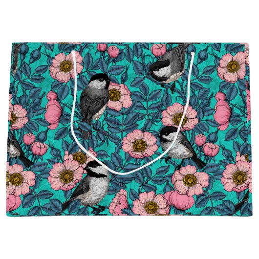 野生のバラ、ピンクと青の《鳥》アメリカゴガラ ラージペーパーバッグ (正面)