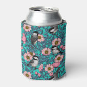 野生のバラ、ピンクと青の《鳥》アメリカゴガラ 缶クーラー (缶正面)