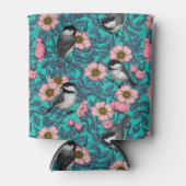 野生のバラ、ピンクと青の《鳥》アメリカゴガラ 缶クーラー (正面)