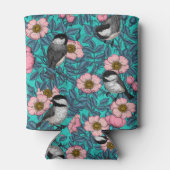 野生のバラ、ピンクと青の《鳥》アメリカゴガラ 缶クーラー (裏面)