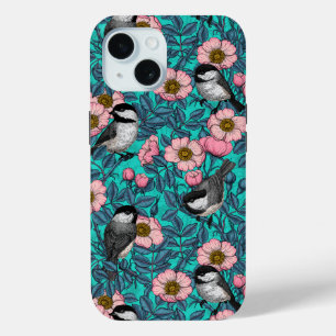 野生のバラ、ピンクと青の《鳥》アメリカゴガラ iPhone 15ケース