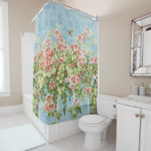 野生のバラ、離れ緑のの飛んでいる、青い空の鳥 シャワーカーテン (インサイチュ)