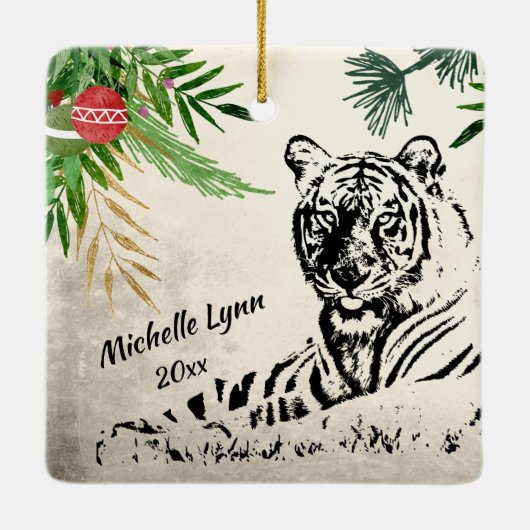 野生のパーソナライズされた虎とヤシがクリスマスに向かう セラミックオーナメント (裏面)