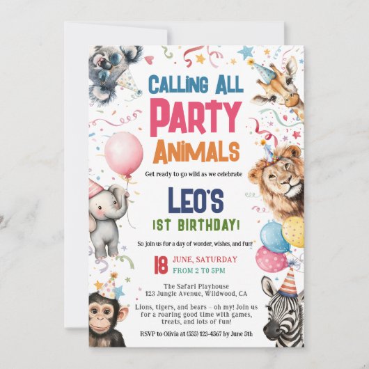 野生のパーティーすべての動物を呼び出す1stバースデーサファリ 招待状 (正面)