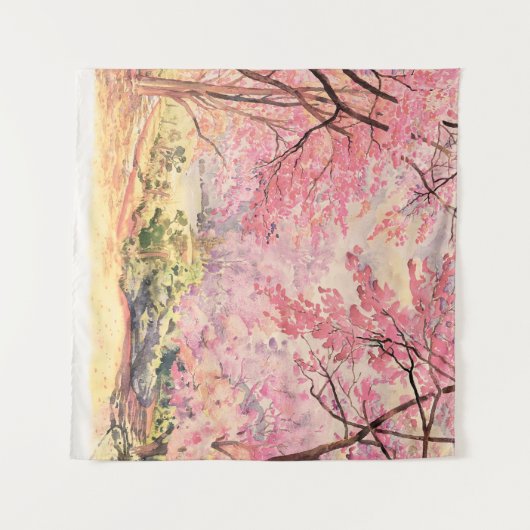 野生のヒマラヤさくらんぼ：水彩風景。 タペストリー (正面(横))