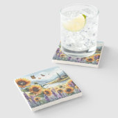 野生のヒマワリとラベンダー ストーンコースター (横)