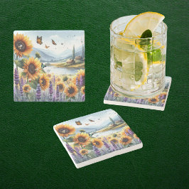 野生のヒマワリとラベンダー ストーンコースター