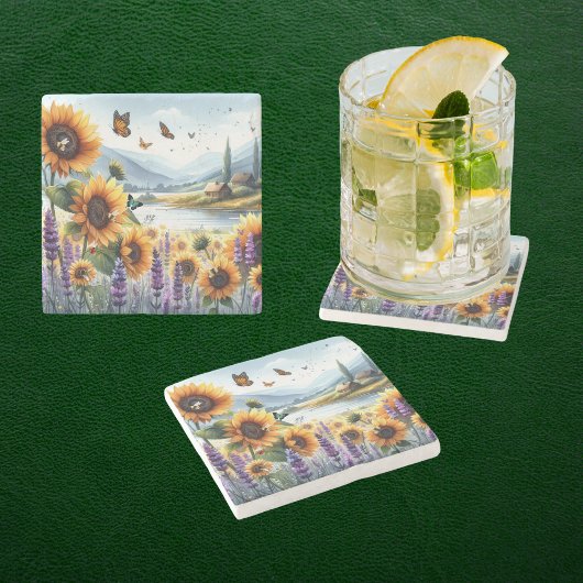 野生のヒマワリとラベンダー ストーンコースター