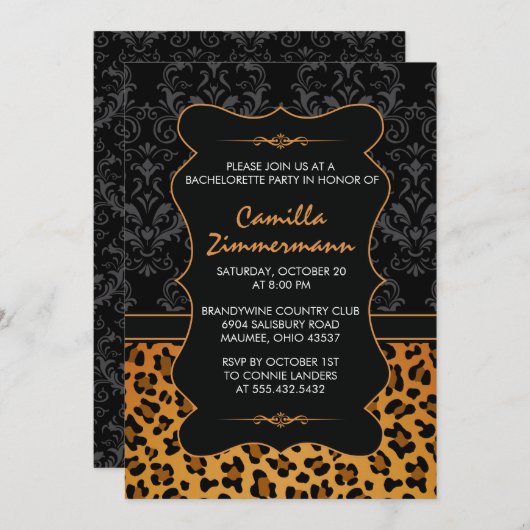 野生のヒョウ及び空想のダマスク織のバチェロレッテ 招待状 (正面/裏面)