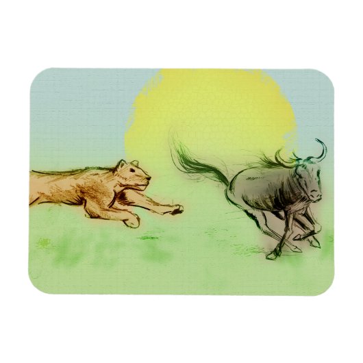 野生のフォトマグネットでバッファローを追いかけるライオン マグネット (横)