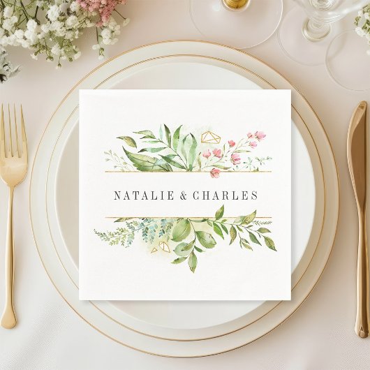 野生のフローラのパーソナライズされた緑結婚の葉 スタンダードカクテルナプキン