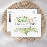 野生のフローラの緑の結婚葉の写真ありがとう ポストカード<br><div class="desc">エレガントな結婚式ありがとう水色の野生の緑の葉とピンクの花を特徴とするはがき。春の結婚式、夏の結婚式、ビーチ結婚式や同様のイベントに最適。このデザインの高度なカスタマイズについてクリックは、上の「カスタマイズ」ボタンをクリックして下さい。一致するアイテムも利用可能である。</div>