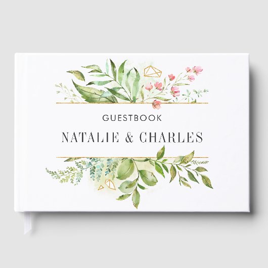 野生のフローラの緑の葉の水の色結婚の ゲストブック (正面)