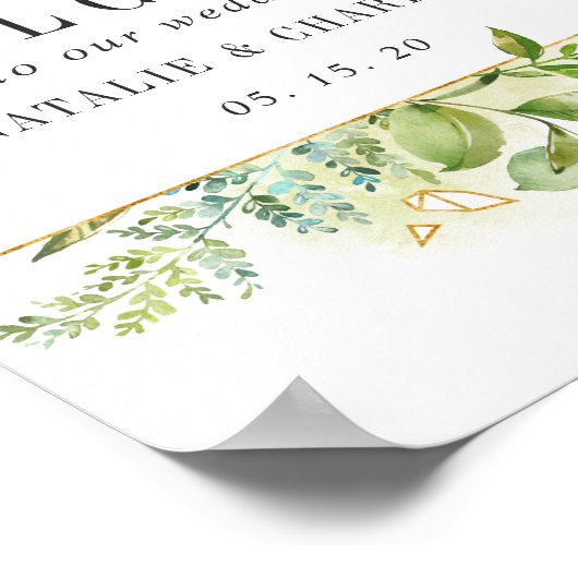 野生のフローラの緑の葉結婚歓迎のサイン ポスター (角)