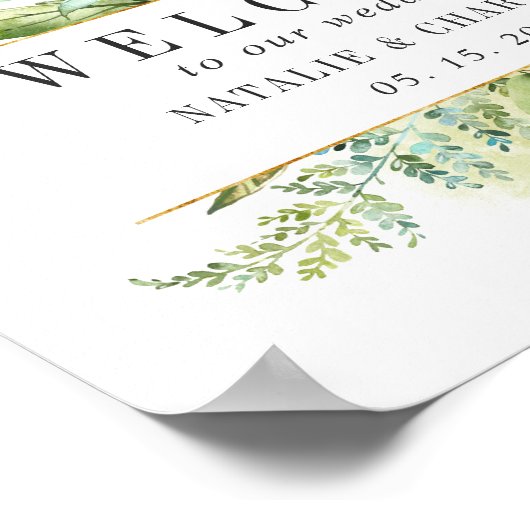 野生のフローラの緑の葉結婚歓迎のサイン ポスター (角)