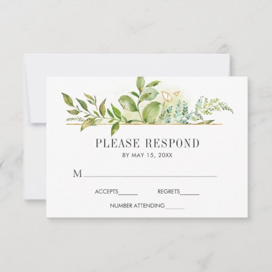 野生のフローラ緑葉水彩ウェディングRSVP 出欠カード (正面)